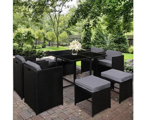 9 Piece Wicker Outdoor Dining Set - Black & Grey