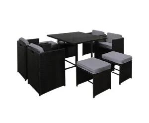 9 Piece Wicker Outdoor Dining Set - Black & Grey