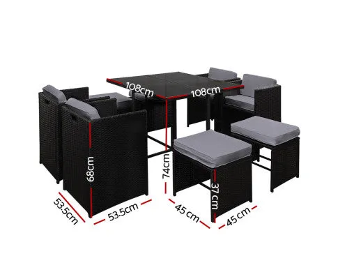 9 Piece Wicker Outdoor Dining Set - Black & Grey