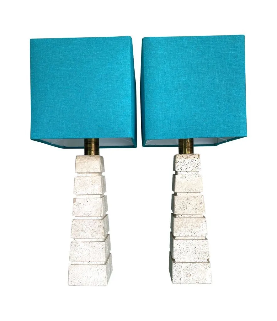 A pair of large 1970s Italian grooved travertine lamps with brass fittings and new bespoke shades
