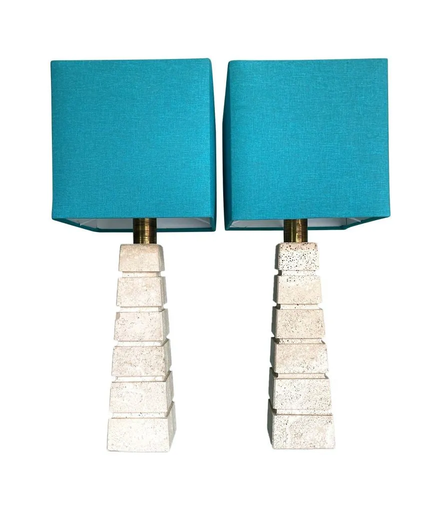 A pair of large 1970s Italian grooved travertine lamps with brass fittings and new bespoke shades