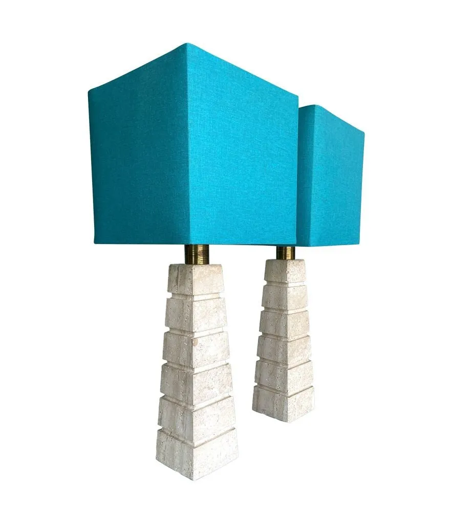 A pair of large 1970s Italian grooved travertine lamps with brass fittings and new bespoke shades