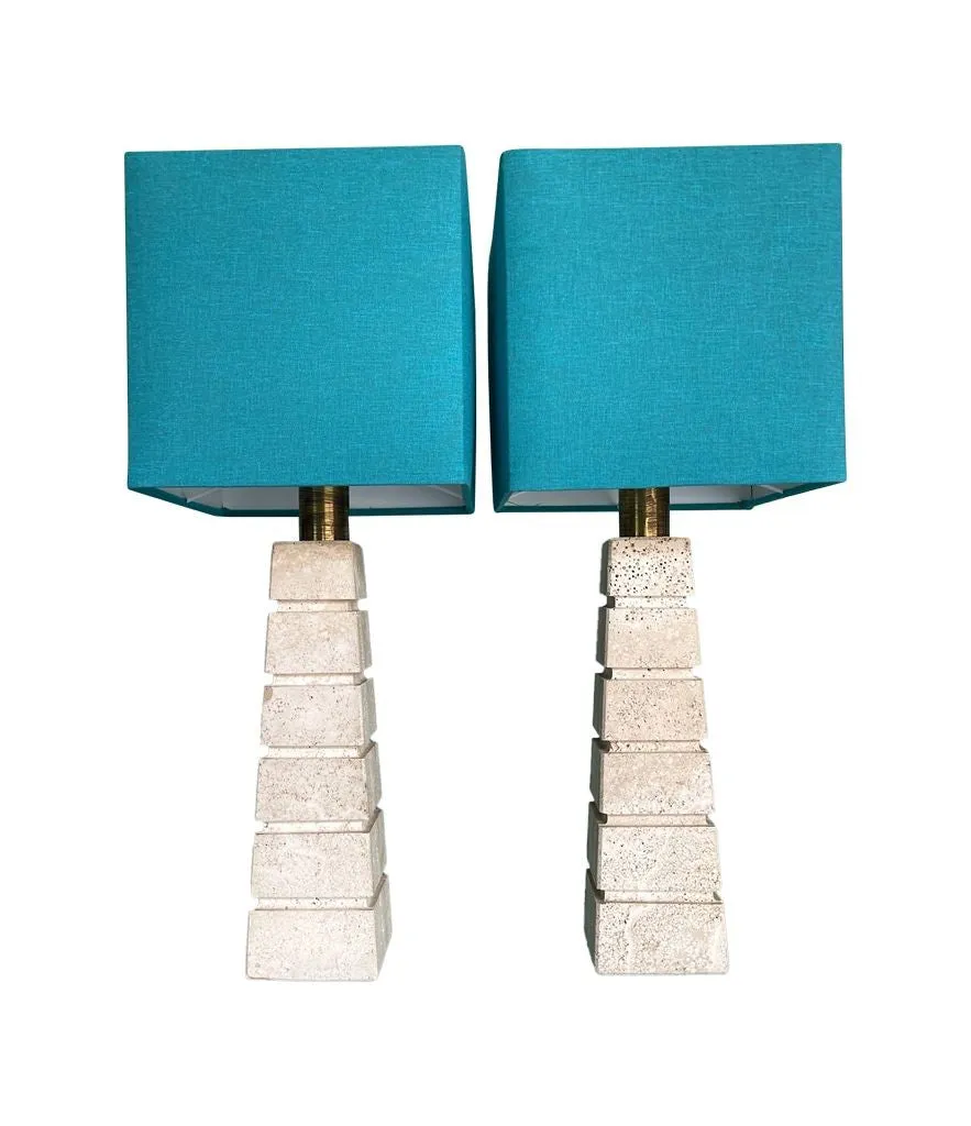 A pair of large 1970s Italian grooved travertine lamps with brass fittings and new bespoke shades