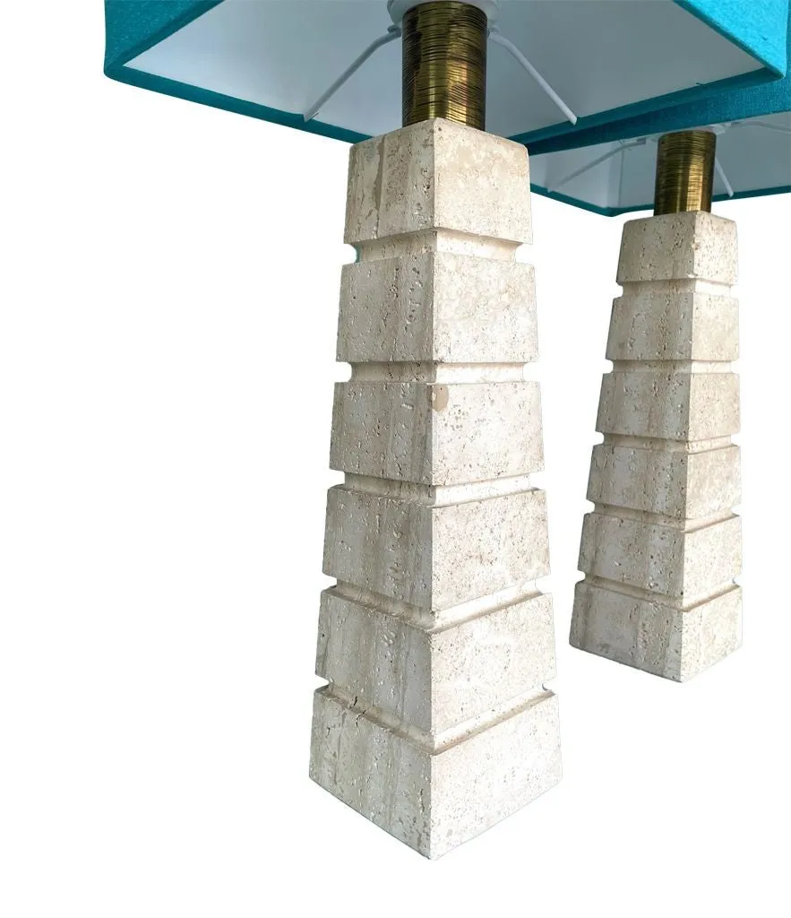 A pair of large 1970s Italian grooved travertine lamps with brass fittings and new bespoke shades