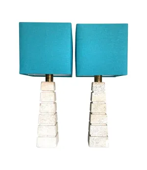 A pair of large 1970s Italian grooved travertine lamps with brass fittings and new bespoke shades