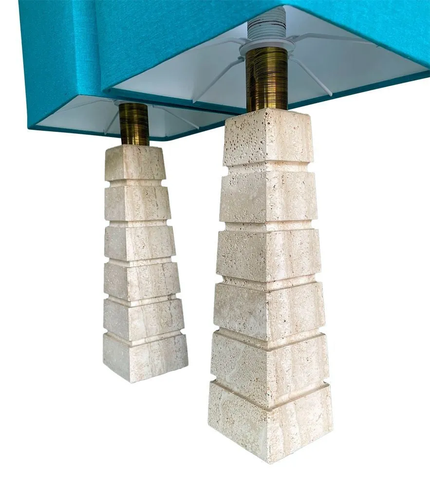 A pair of large 1970s Italian grooved travertine lamps with brass fittings and new bespoke shades