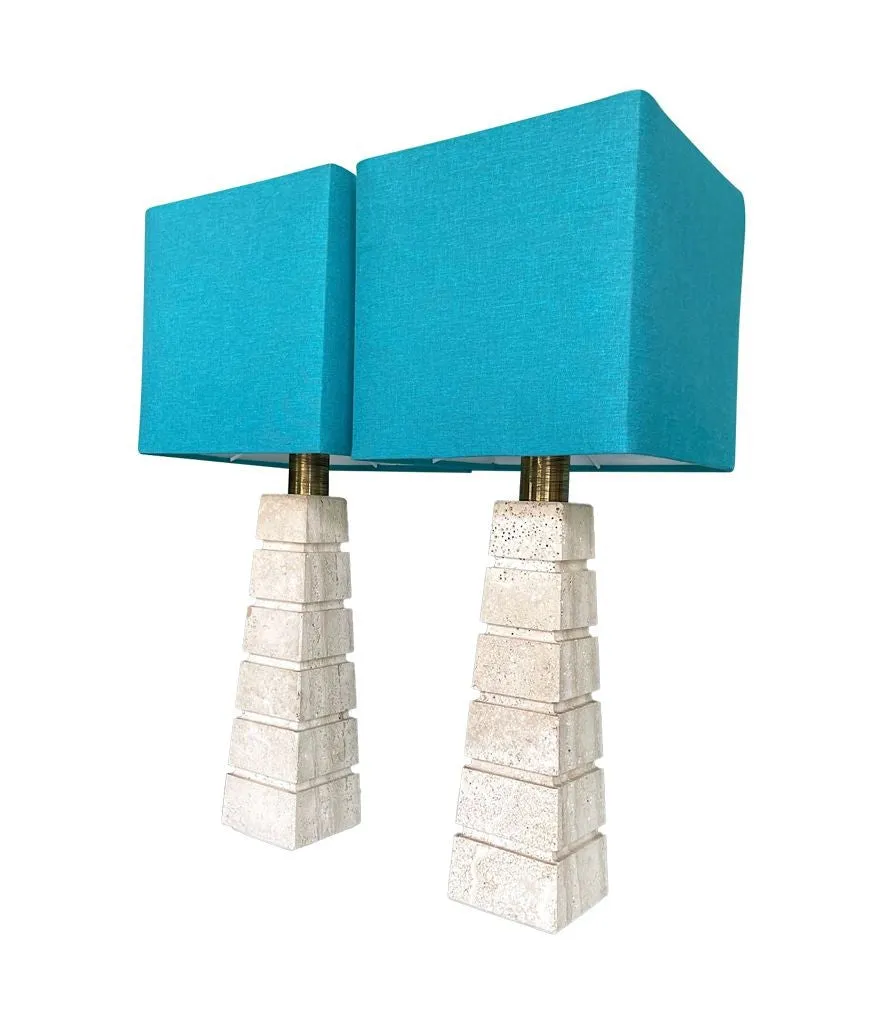 A pair of large 1970s Italian grooved travertine lamps with brass fittings and new bespoke shades