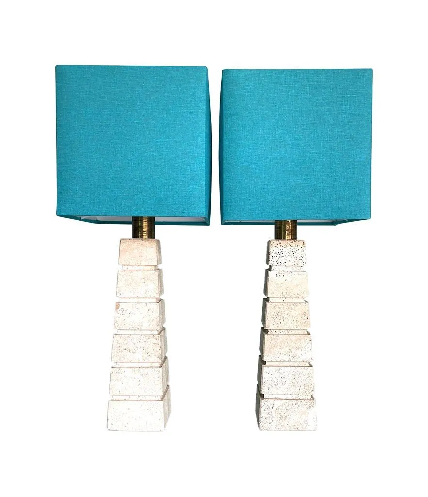 A pair of large 1970s Italian grooved travertine lamps with brass fittings and new bespoke shades