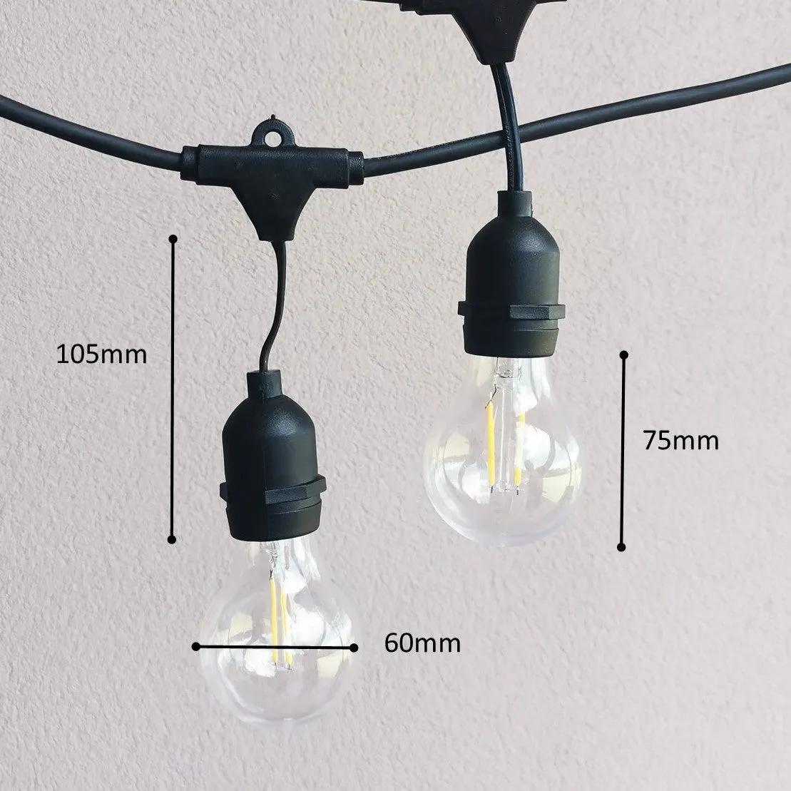 A60 Clear Bulb | 5m 10 Bulbs | Drop Hang Dimmable Festoon Lights
