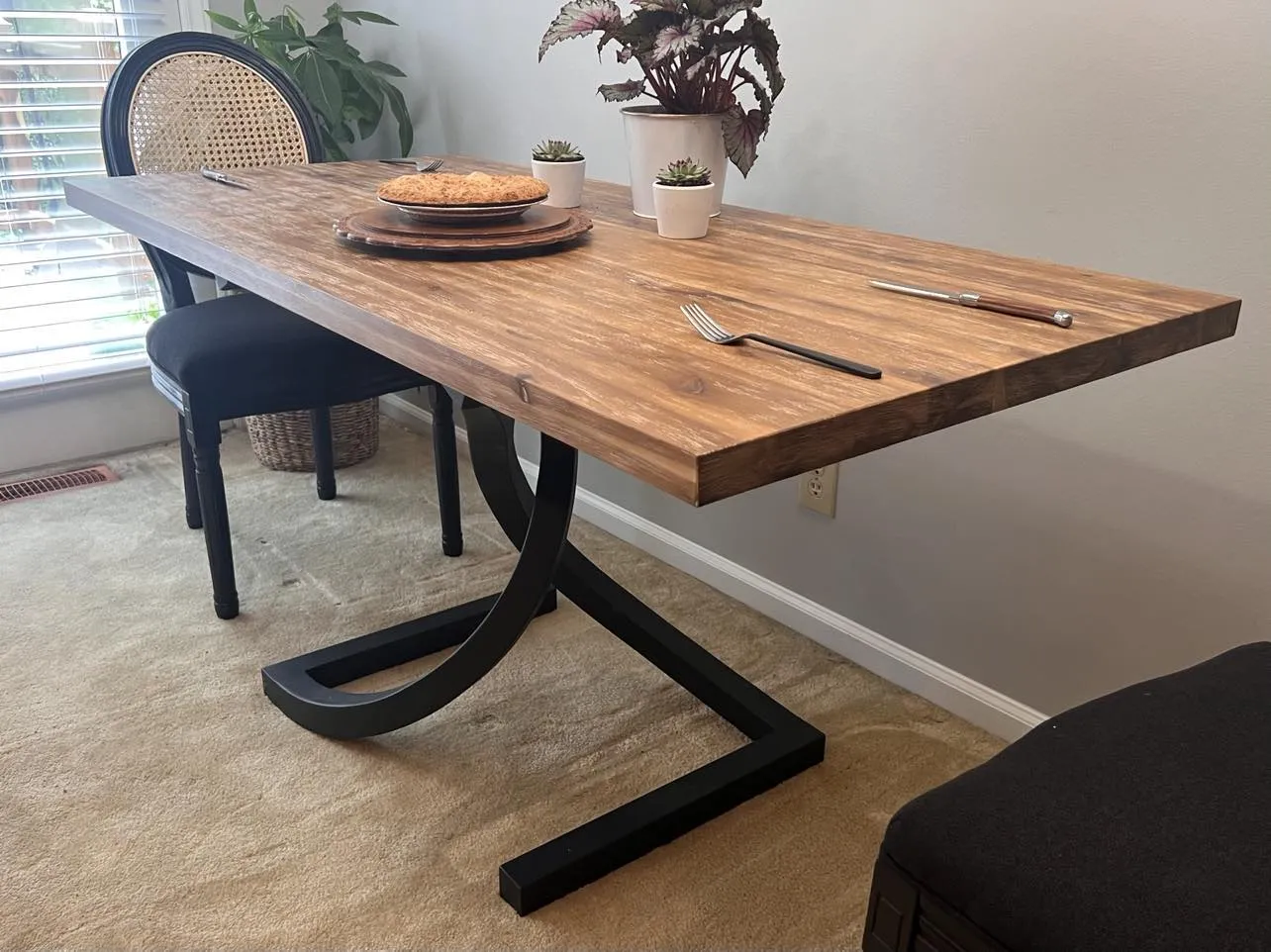 Acacia Wood Dining Table with Helix Twist Metal Pedestal Base
