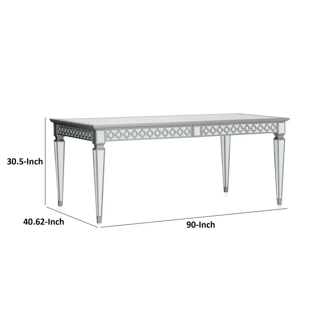 Ada 72-90 Inch Dining Table, Extendable Rectangular Top, Mirrored, Silver By Casagear Home
