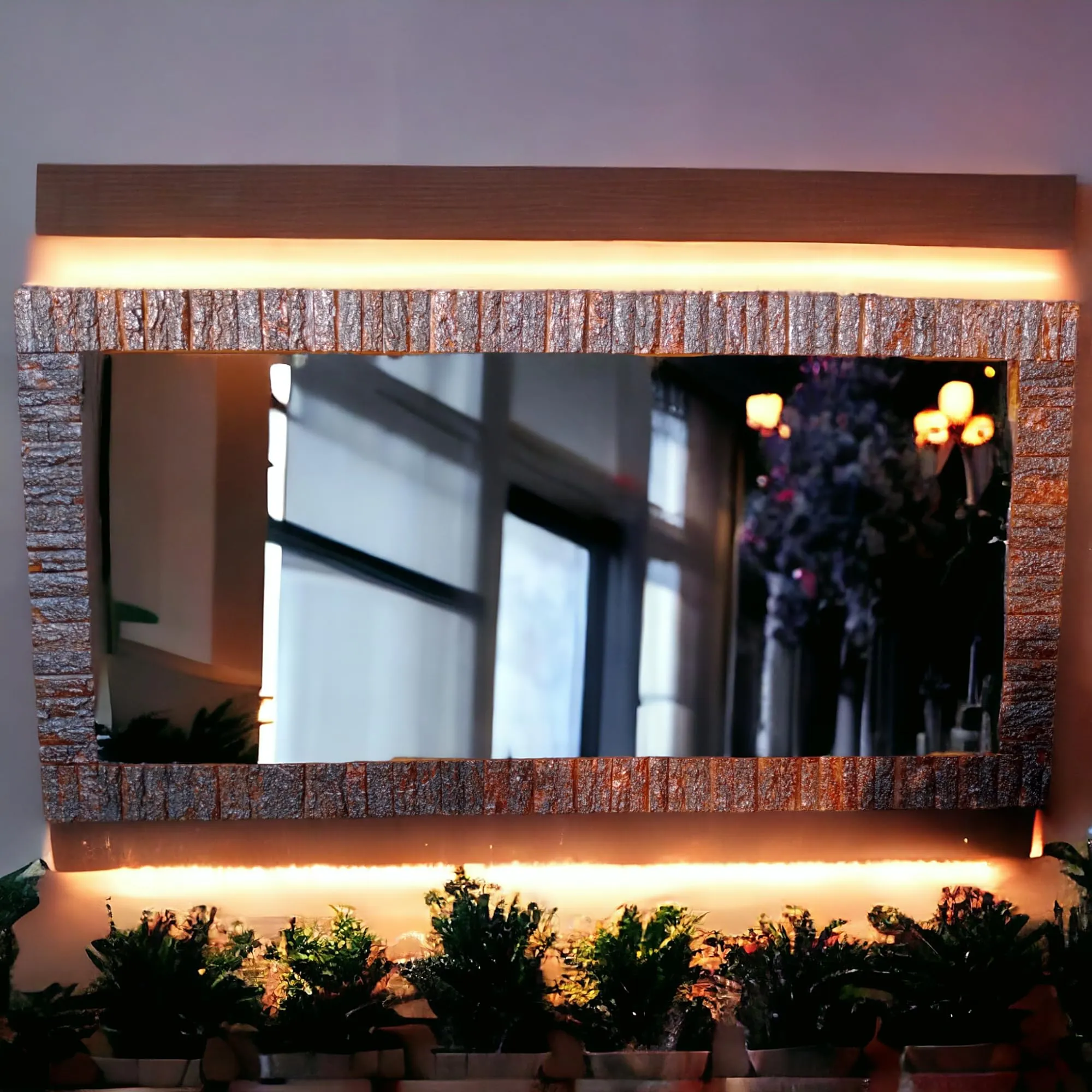 AESTHETIC DECOR Wooden Bark Wall Mirror Frame Solid Wood, Natural Finish | with Out Mirror | Size 6 * 3 ft Rectangular, Framed