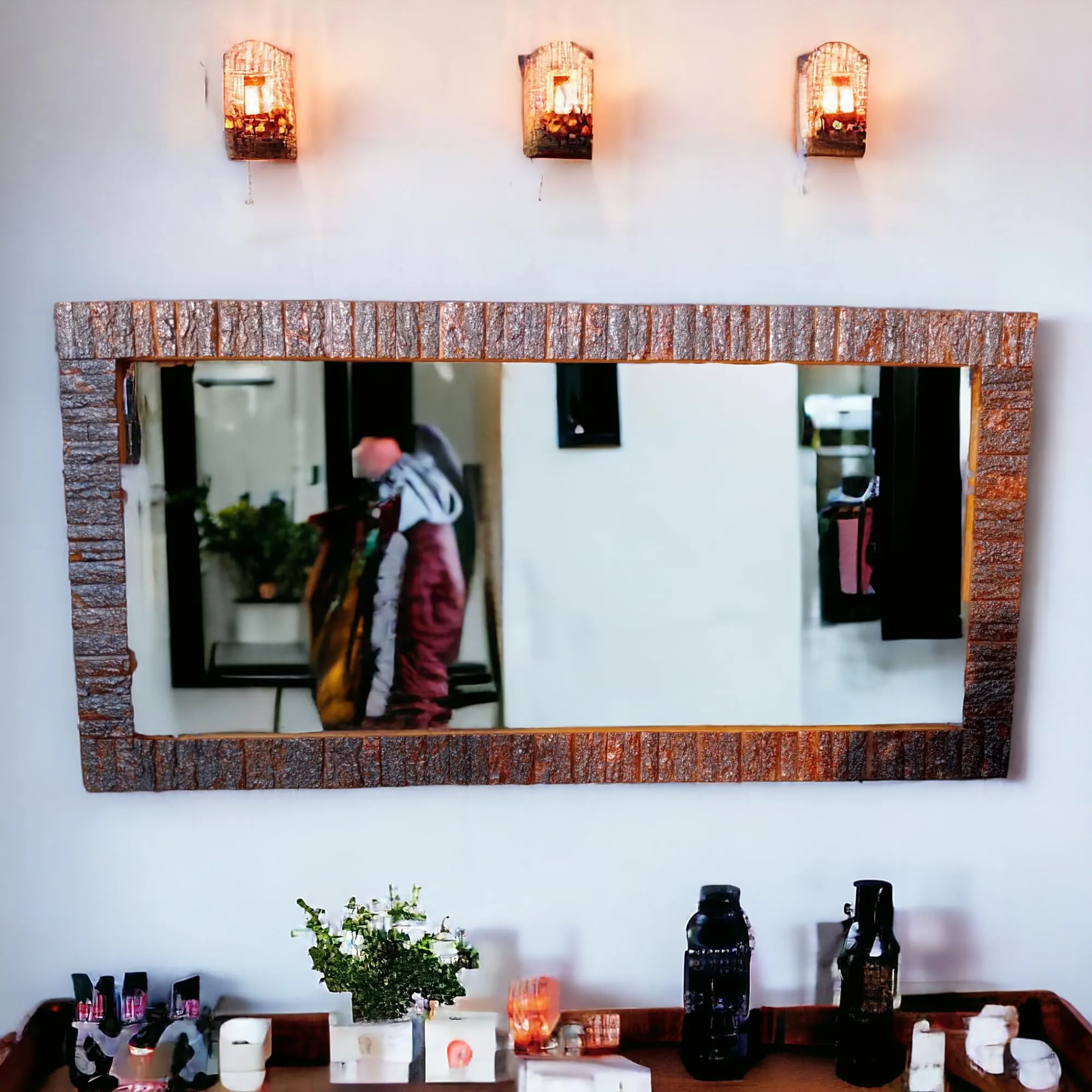AESTHETIC DECOR Wooden Bark Wall Mirror Frame Solid Wood, Natural Finish | with Out Mirror | Size 6 * 3 ft Rectangular, Framed