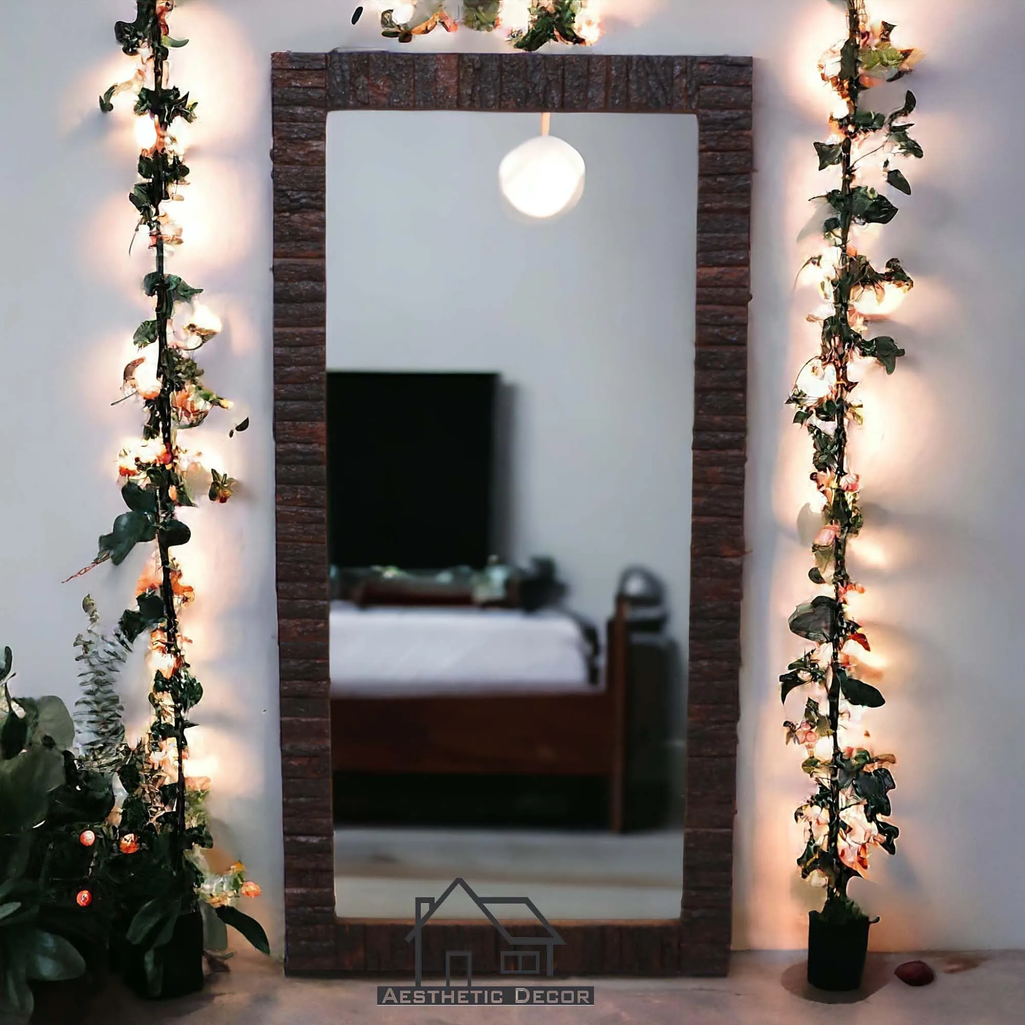 AESTHETIC DECOR Wooden Bark Wall Mirror Frame Solid Wood, Natural Finish | with Out Mirror | Size 6 * 3 ft Rectangular, Framed
