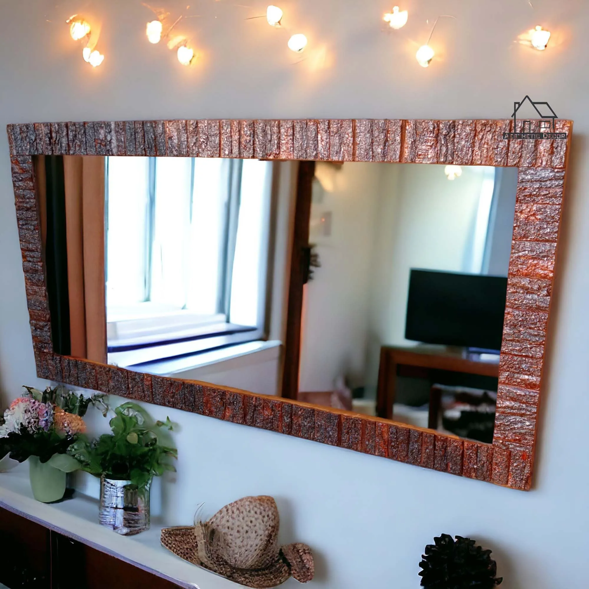 AESTHETIC DECOR Wooden Bark Wall Mirror Frame Solid Wood, Natural Finish | with Out Mirror | Size 6 * 3 ft Rectangular, Framed
