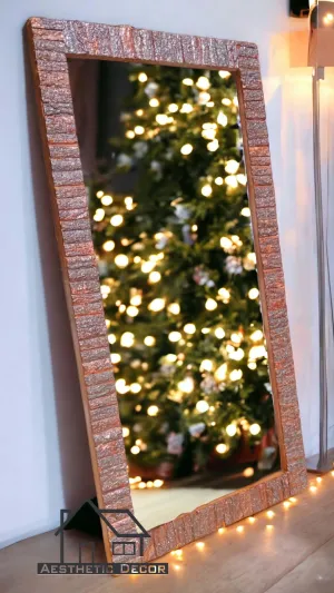 AESTHETIC DECOR Wooden Bark Wall Mirror Frame Solid Wood, Natural Finish | with Out Mirror | Size 6 * 3 ft Rectangular, Framed