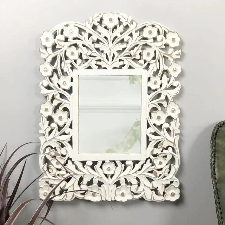 AH.WOODHANDICRAFTS Decorative Wooden`Wall Mirror with Floral Carving, 60 x 60 cm Without`miirror `