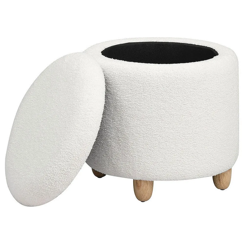 Aia 18 Inch Storage Ottoman, White Faux Sheepskin, Round Rubberwood Feet By Casagear Home