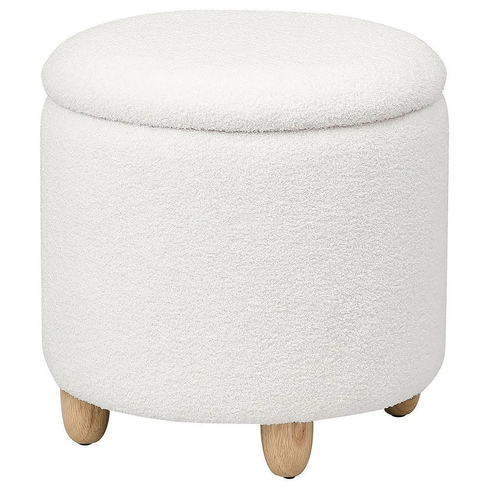 Aia 18 Inch Storage Ottoman, White Faux Sheepskin, Round Rubberwood Feet By Casagear Home