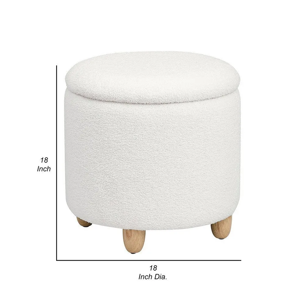 Aia 18 Inch Storage Ottoman, White Faux Sheepskin, Round Rubberwood Feet By Casagear Home