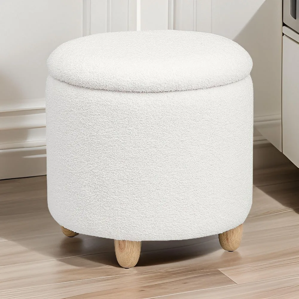 Aia 18 Inch Storage Ottoman, White Faux Sheepskin, Round Rubberwood Feet By Casagear Home