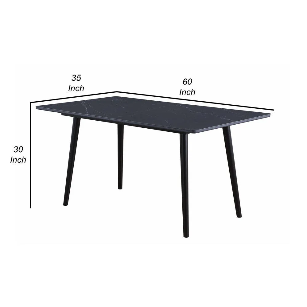 Aikya 60 Inch Dining Table, Black Sintered Stone, Tapered Metal Legs By Casagear Home