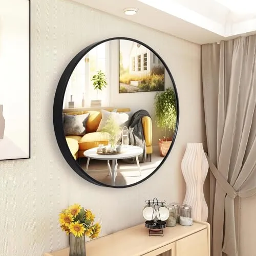 Al Kareem Handicraft Round Wall Mirror, 24-inch Large Circle Mirror, Black Metal Framed, Wall-Mounted, Decorative for Vanity, Bedroom, Living Room, Entryway