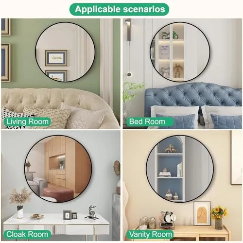 Al Kareem Handicraft Round Wall Mirror, 24-inch Large Circle Mirror, Black Metal Framed, Wall-Mounted, Decorative for Vanity, Bedroom, Living Room, Entryway