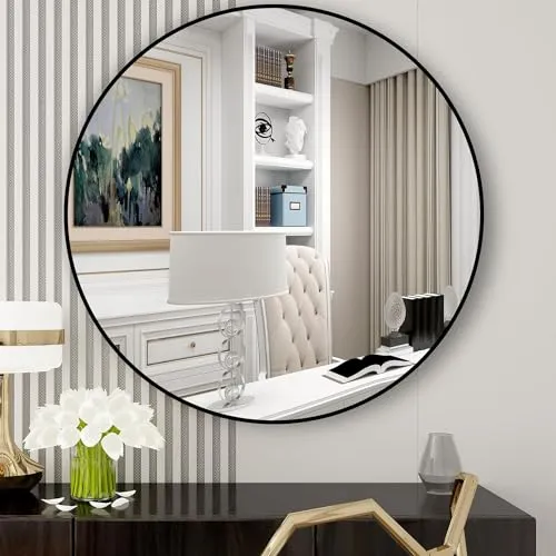 Al Kareem Handicraft Round Wall Mirror, 24-inch Large Circle Mirror, Black Metal Framed, Wall-Mounted, Decorative for Vanity, Bedroom, Living Room, Entryway