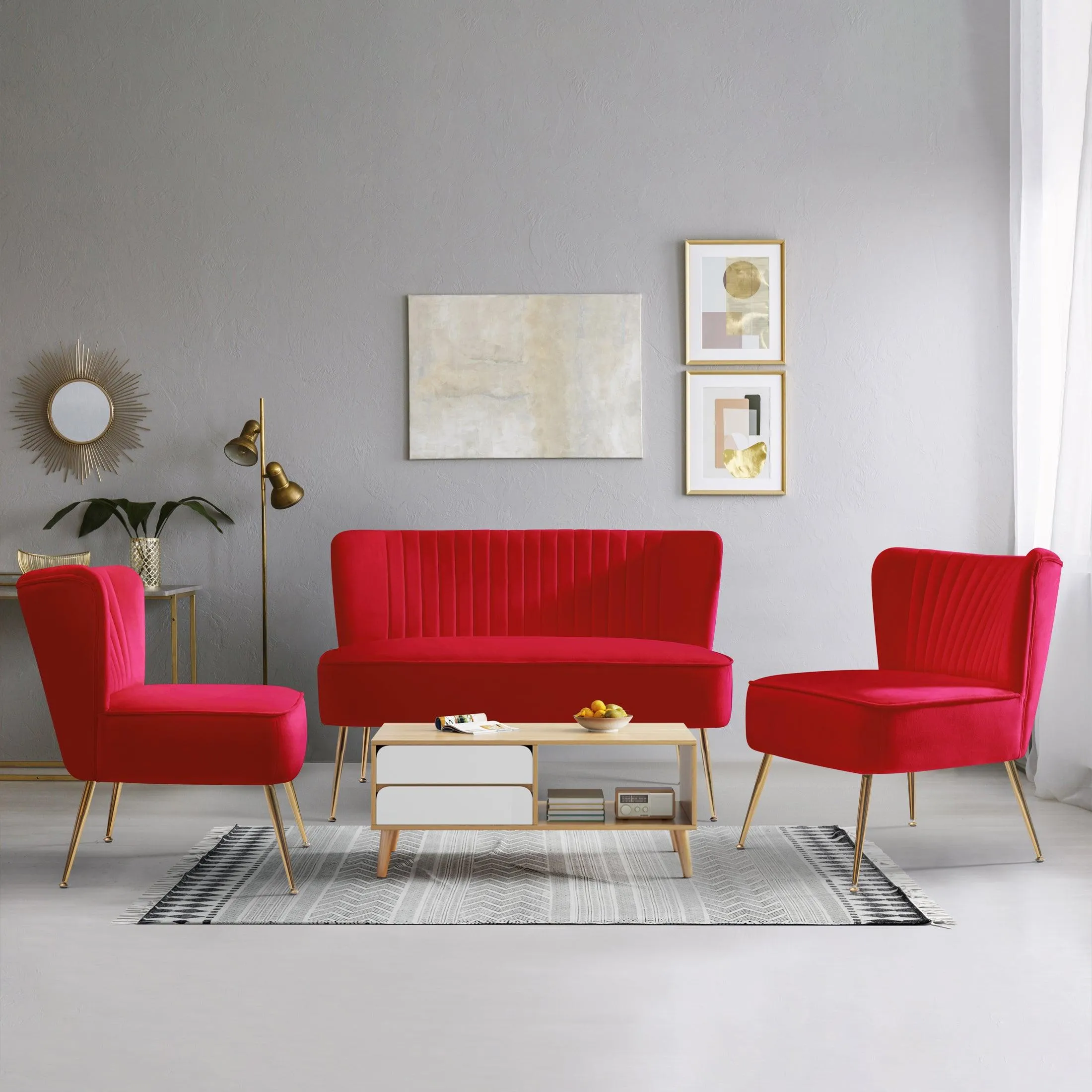Alaia Mid Century Modern Upholstered Tufted Velvet Loveseat Sofa and 25" Accent Chair 3-Piece Set