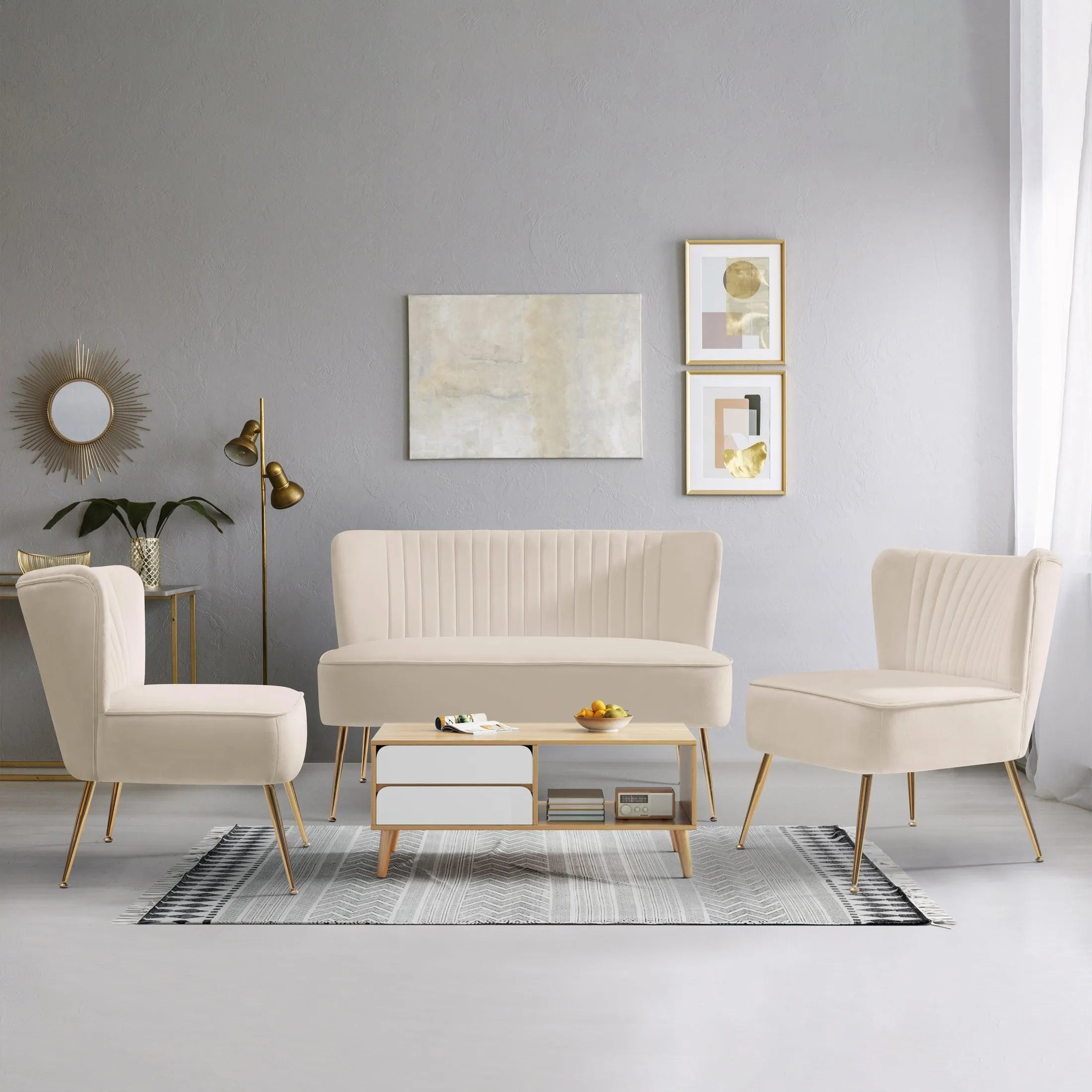 Alaia Mid Century Modern Upholstered Tufted Velvet Loveseat Sofa and 25" Accent Chair 3-Piece Set