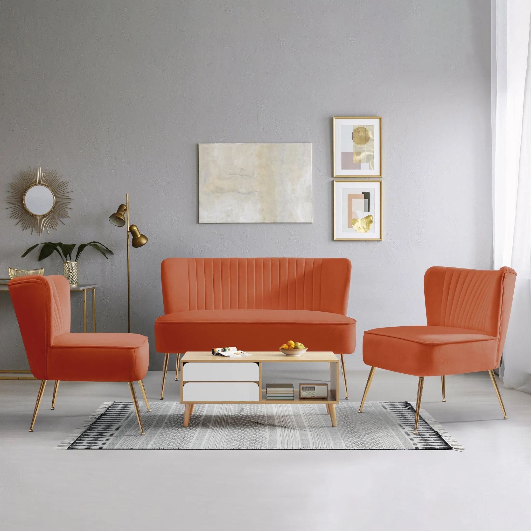 Alaia Mid Century Modern Upholstered Tufted Velvet Loveseat Sofa and 25" Accent Chair 3-Piece Set
