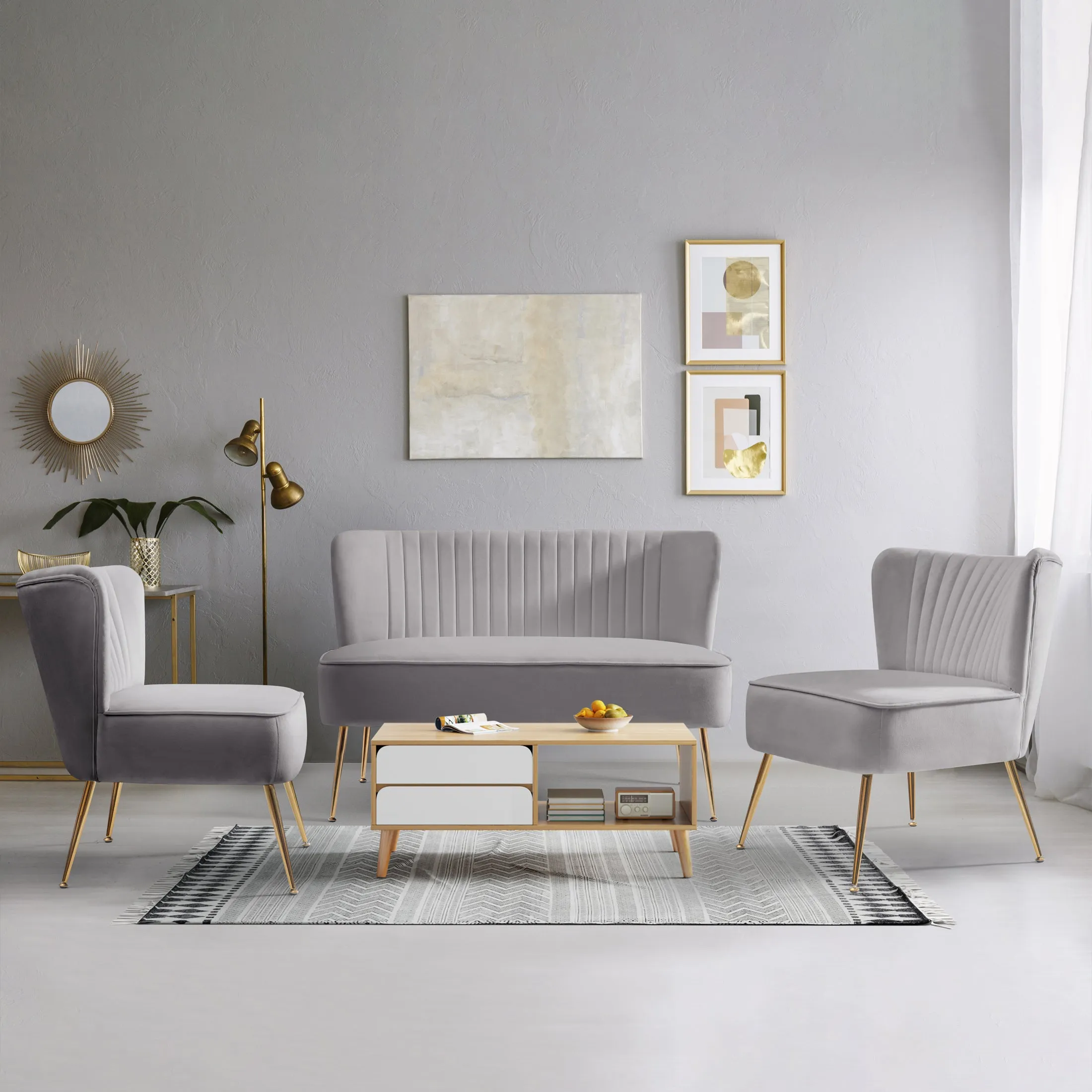 Alaia Mid Century Modern Upholstered Tufted Velvet Loveseat Sofa and 25" Accent Chair 3-Piece Set