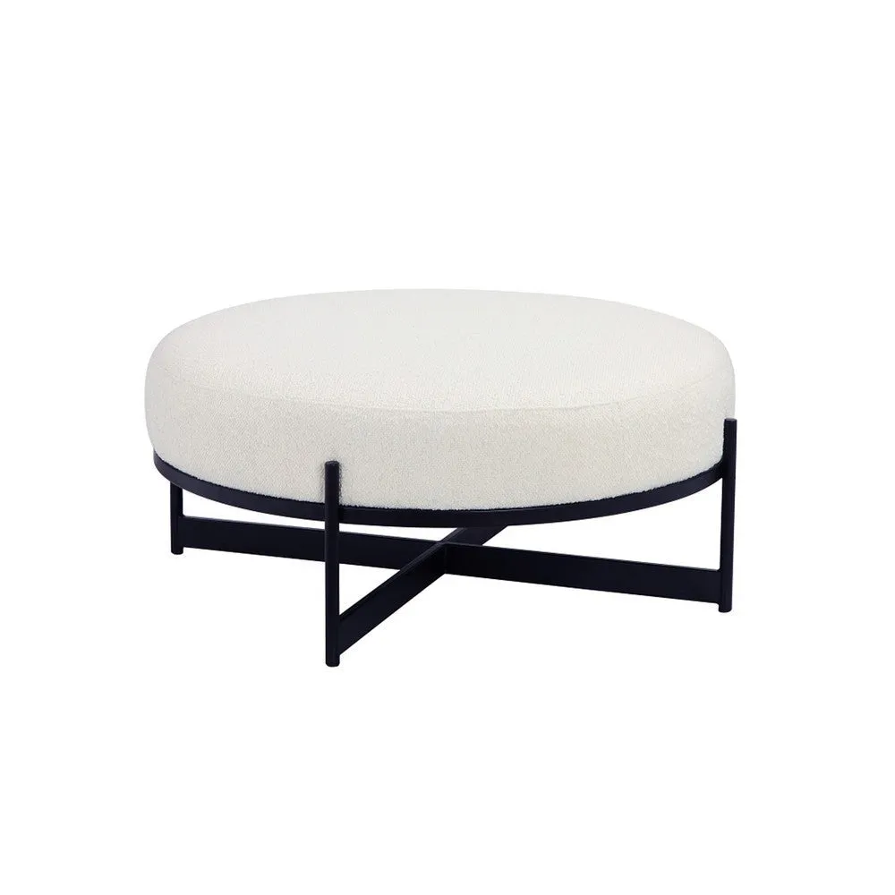 Aop 36 Inch Boucle Ottoman Stool, White Round Cushioned Seat, Black Base By Casagear Home