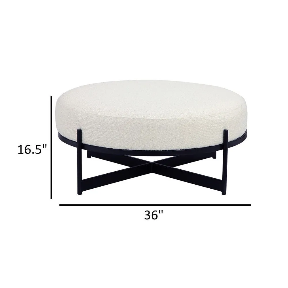 Aop 36 Inch Boucle Ottoman Stool, White Round Cushioned Seat, Black Base By Casagear Home
