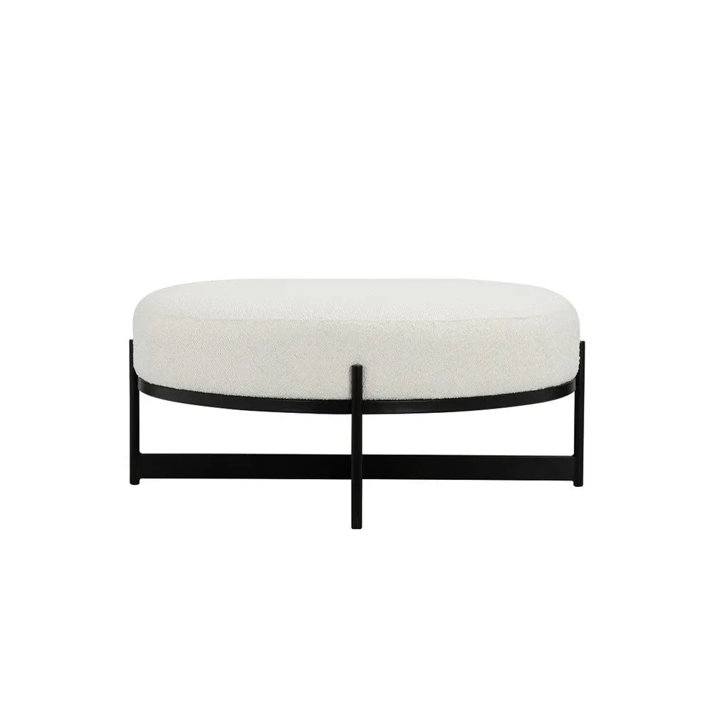 Aop 36 Inch Boucle Ottoman Stool, White Round Cushioned Seat, Black Base By Casagear Home