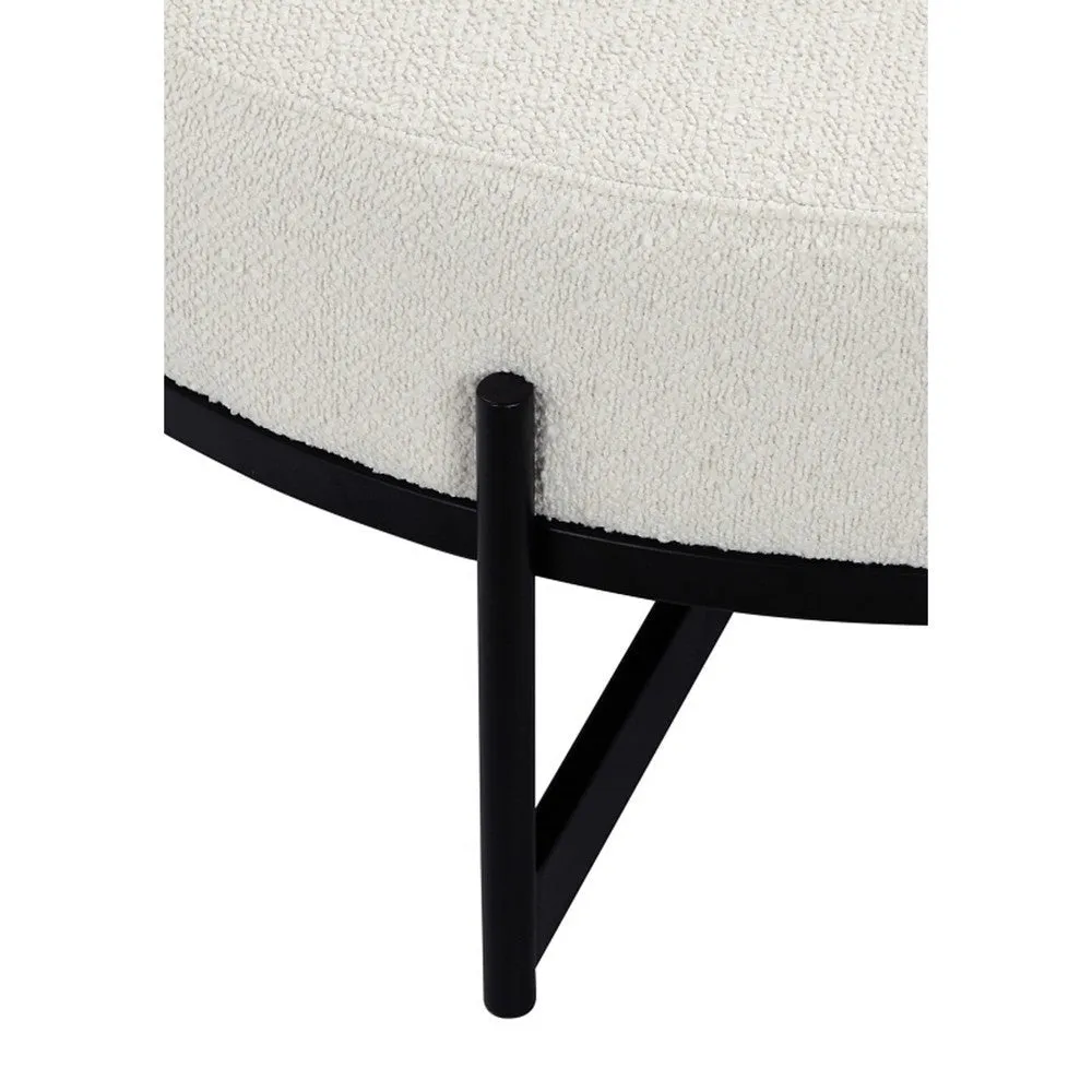 Aop 36 Inch Boucle Ottoman Stool, White Round Cushioned Seat, Black Base By Casagear Home