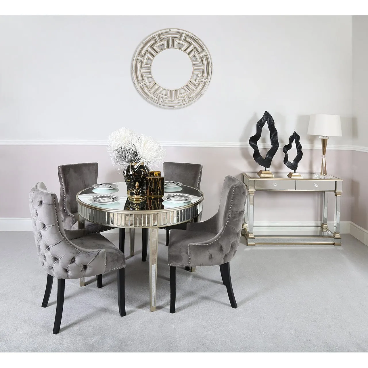 Apollo Champagne Mirrored 120cm Round Dining Set with 4 Tufted Back Grey Chairs