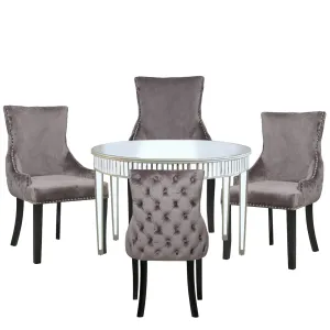 Apollo Champagne Mirrored 120cm Round Dining Set with 4 Tufted Back Grey Chairs