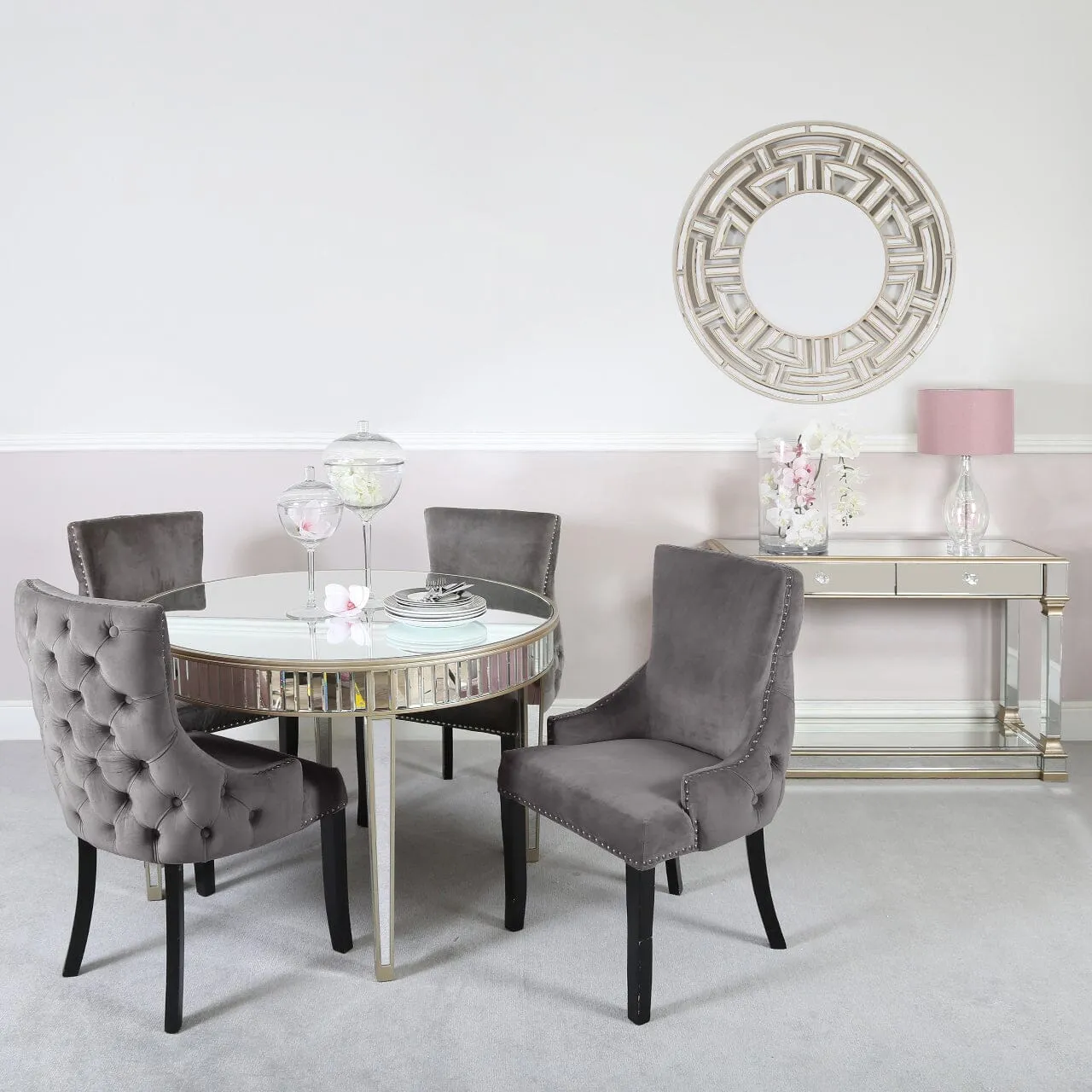 Apollo Champagne Mirrored 120cm Round Dining Set with 4 Tufted Back Grey Chairs