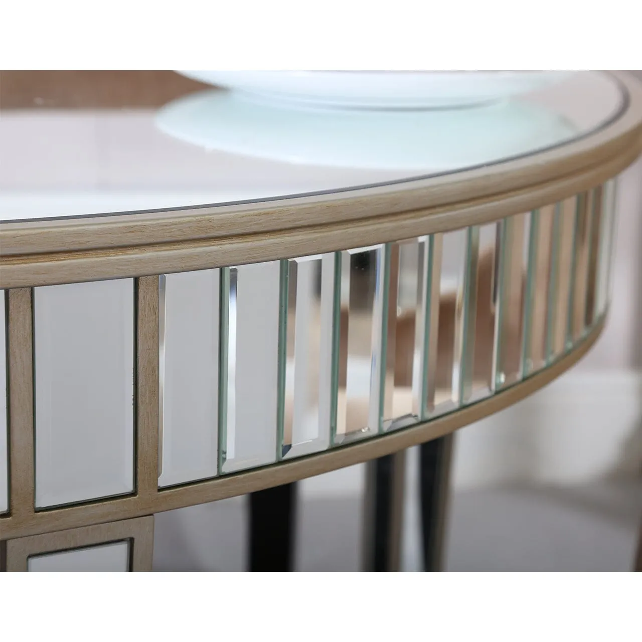 Apollo Champagne Mirrored 120cm Round Dining Set with 4 Tufted Back Grey Chairs