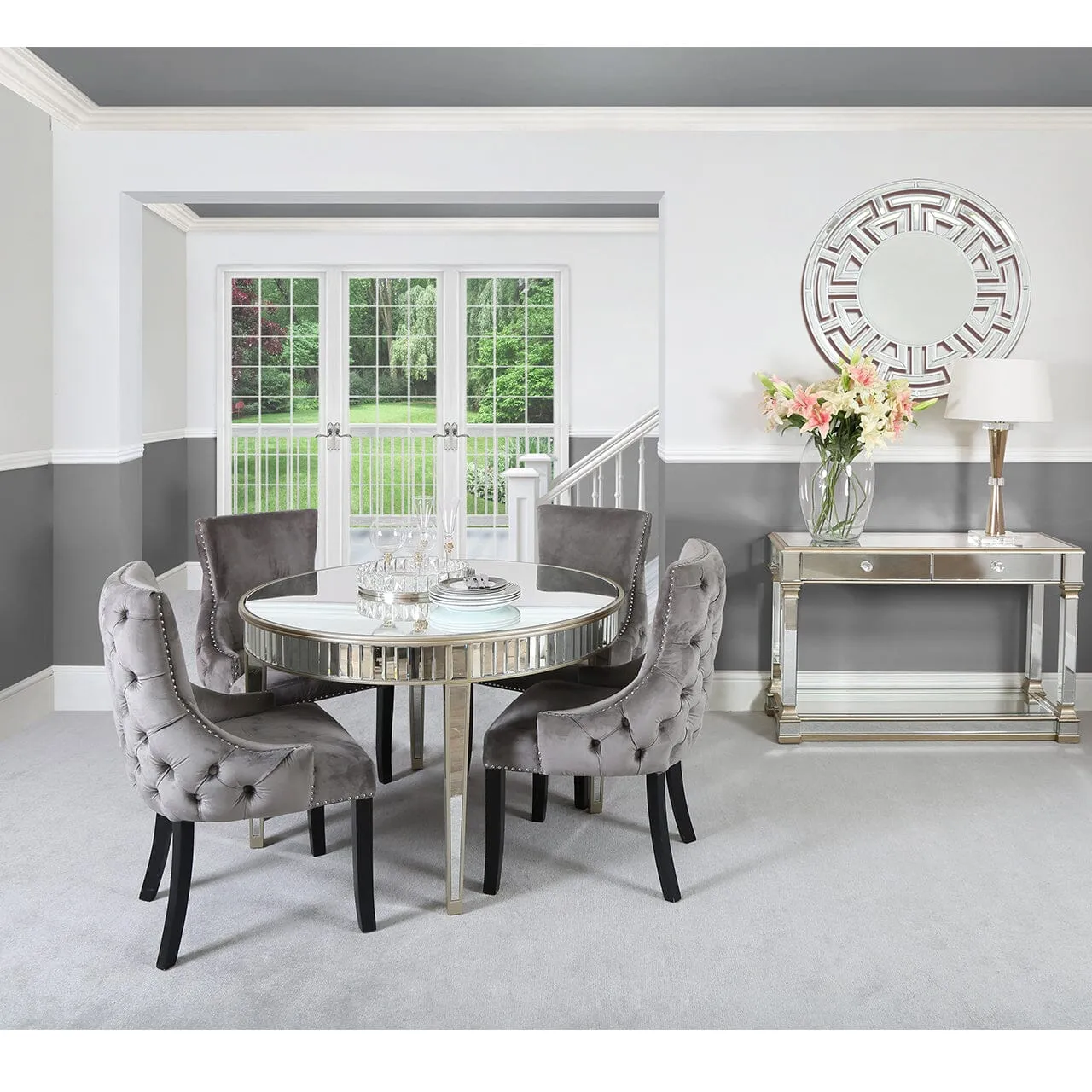 Apollo Champagne Mirrored 120cm Round Dining Set with 4 Tufted Back Grey Chairs