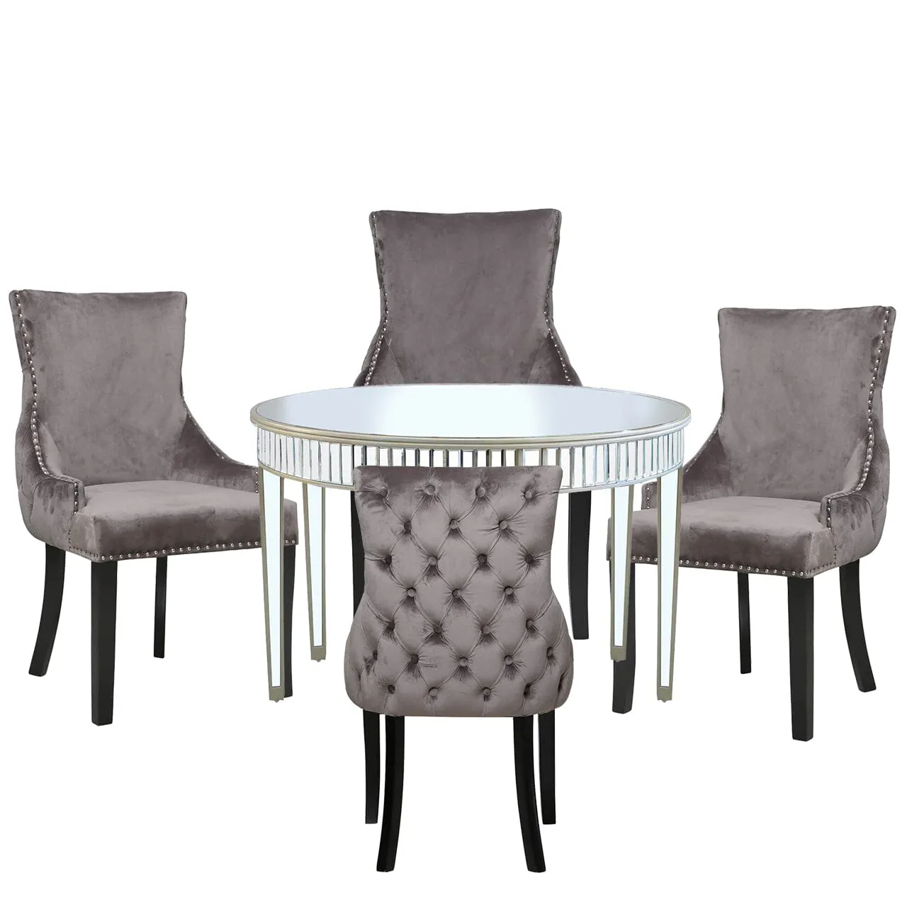 Apollo Champagne Mirrored 120cm Round Dining Set with 4 Tufted Back Grey Chairs
