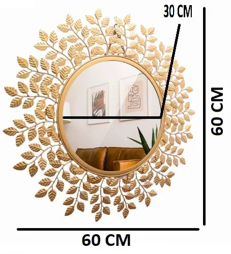 Artemade Iron Framed Decorative Wall Mounted Round Hanging Mirror Leaves and Stems Design Golden Modern Mirror for Home Living Room Decor (60 Cm)