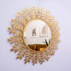 Artemade Iron Framed Decorative Wall Mounted Round Hanging Mirror Leaves and Stems Design Golden Modern Mirror for Home Living Room Decor (60 Cm)