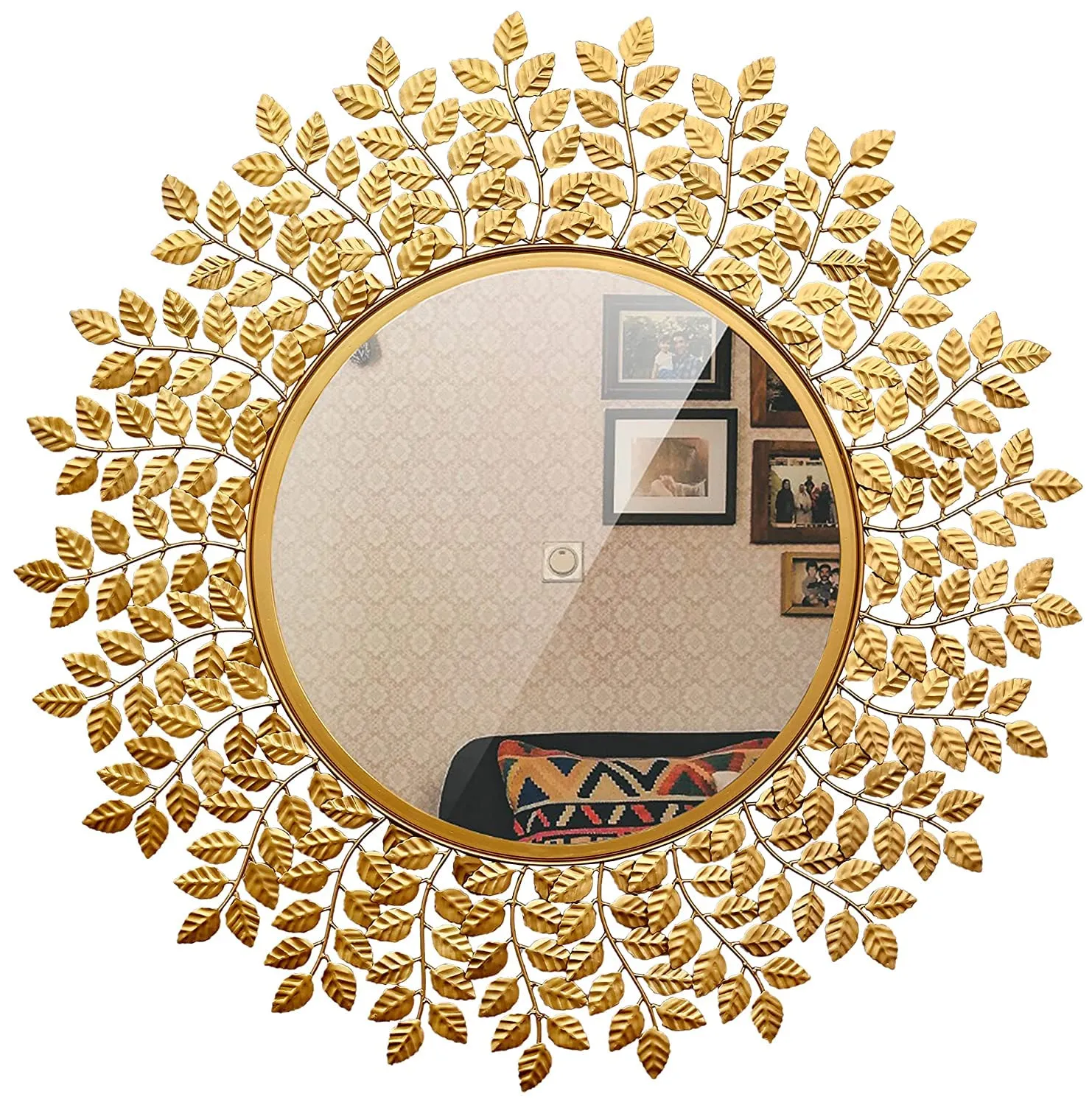 Artemade Iron Framed Decorative Wall Mounted Round Hanging Mirror Leaves and Stems Design Golden Modern Mirror for Home Living Room Decor (60 Cm)