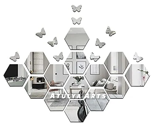 Atulya Arts 14 PCS Silver Mirror Hexagon Wall Stickers with 10 Butterfly Mirror Decorative Sticker for Wall décor Bedroom Living Room Home Decor (Silver)