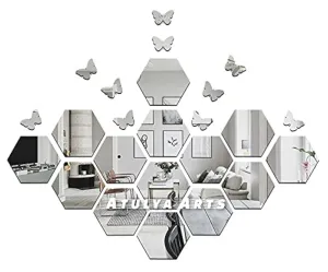 Atulya Arts 14 PCS Silver Mirror Hexagon Wall Stickers with 10 Butterfly Mirror Decorative Sticker for Wall décor Bedroom Living Room Home Decor (Silver)