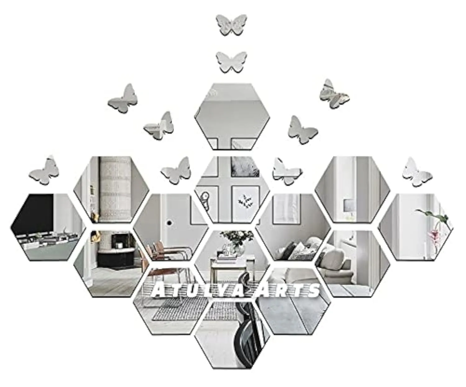 Atulya Arts 14 PCS Silver Mirror Hexagon Wall Stickers with 10 Butterfly Mirror Decorative Sticker for Wall décor Bedroom Living Room Home Decor (Silver)