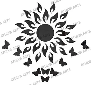 Atulya Arts Mirror Sun Decorative Wall Stickers with 10 Butterfly Stickers 3D Acrylic Stickers Decorative Mirror Wall Stickers for Living Room Bedroom Home (Black, 45 cm x 45 cm)